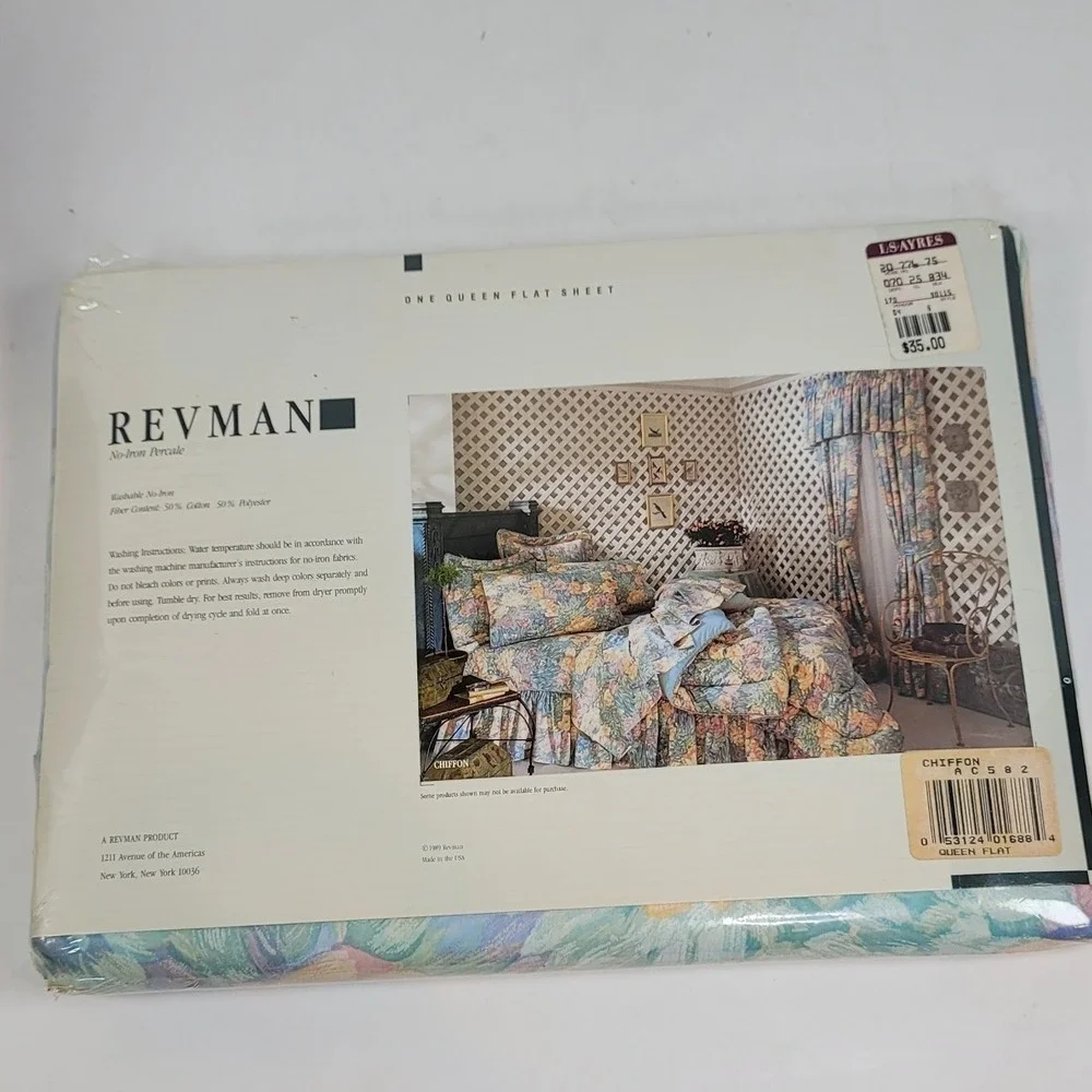 Vintage 1989 Revman Chiffon Queen Flat Sheet Floral Pastel Percale No-Iron USA